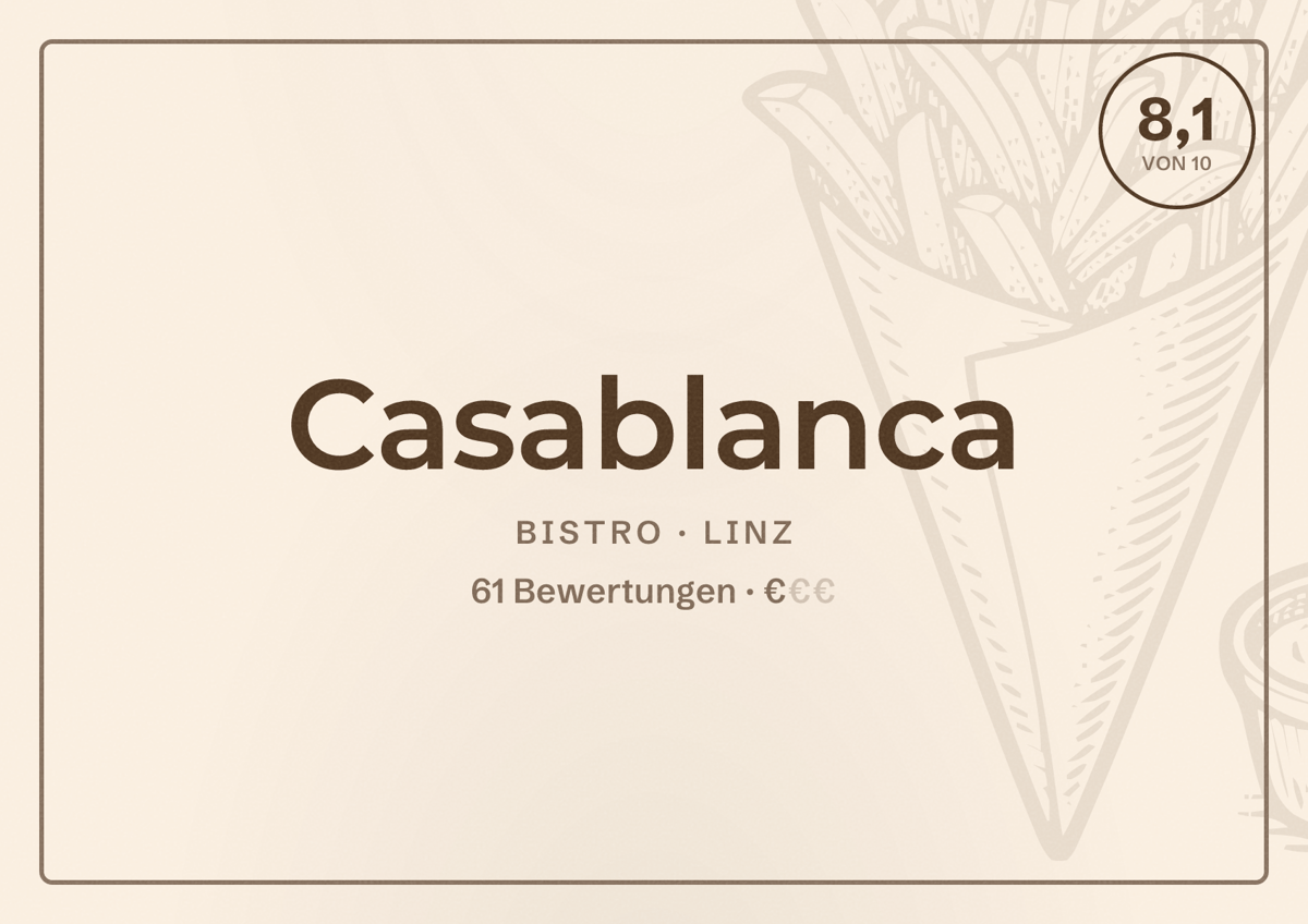 Illustriertes Poster von Casablanca, Bistro in Linz: Bewertung 8,1 von 10 aus 61 Bewertungen, Preisniveau €
