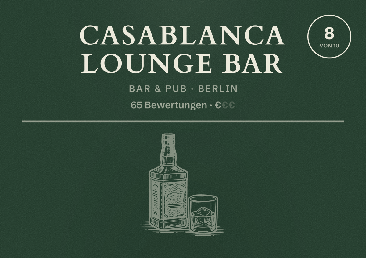 Illustriertes Poster von Casablanca lounge bar, Bar & Pub in Berlin: Bewertung 8 von 10 aus 65 Bewertungen, Preisniveau €