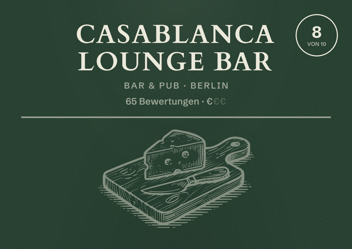 Illustriertes Poster von Casablanca lounge bar, Bar & Pub in Berlin: Bewertung 8,0 von 10 aus 65 Bewertungen, Preisniveau €