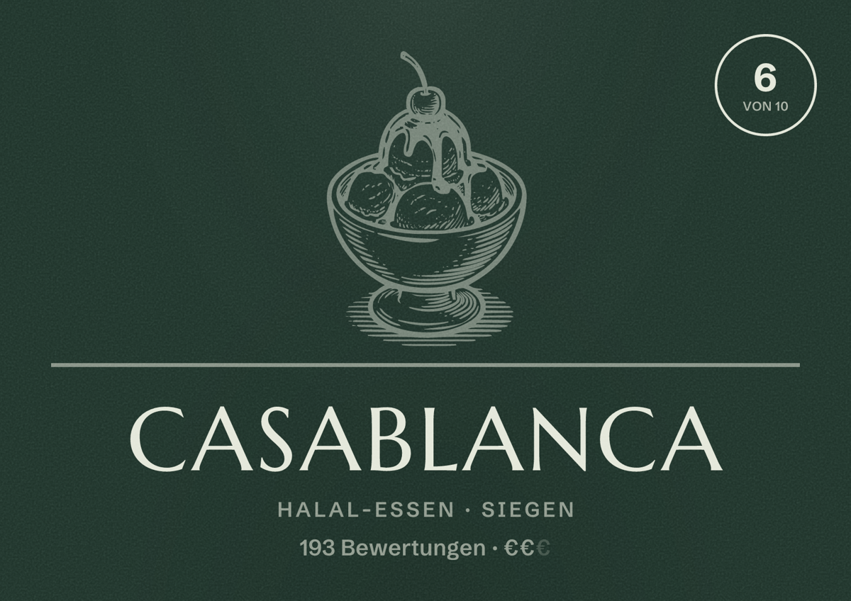 Illustriertes Poster von Casablanca, Halal-Essen in Siegen: Bewertung 6 von 10 aus 193 Bewertungen, Preisniveau €€