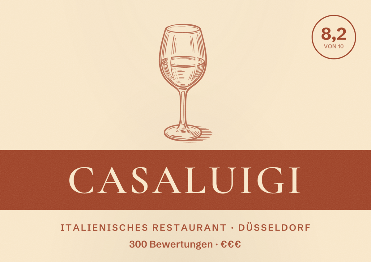 Illustriertes Poster von CASALuigi, Italienisches Restaurant in Düsseldorf: Bewertung 8,2 von 10 aus 300 Bewertungen, Preisniveau €€€