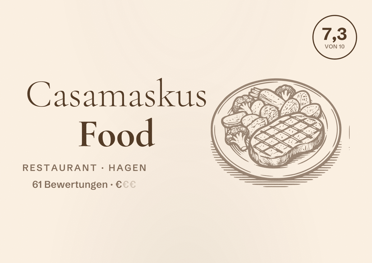 Illustriertes Poster von Casamaskus Food, Restaurant in Hagen: Bewertung 7,3 von 10 aus 61 Bewertungen, Preisniveau €
