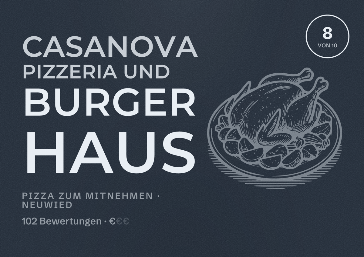 Illustriertes Poster von Casanova Pizzeria und Burger Haus, Pizza zum Mitnehmen in Neuwied: Bewertung 8 von 10 aus 102 Bewertungen, Preisniveau €