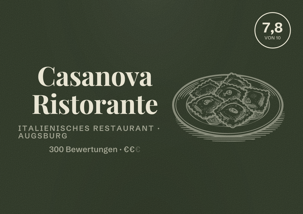Illustriertes Poster von Casanova Ristorante, Italienisches Restaurant in Augsburg: Bewertung 7,8 von 10 aus 300 Bewertungen, Preisniveau €€