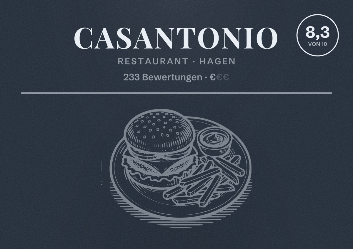 Illustriertes Poster von Casantonio, Restaurant in Hagen: Bewertung 8,3 von 10 aus 233 Bewertungen, Preisniveau €