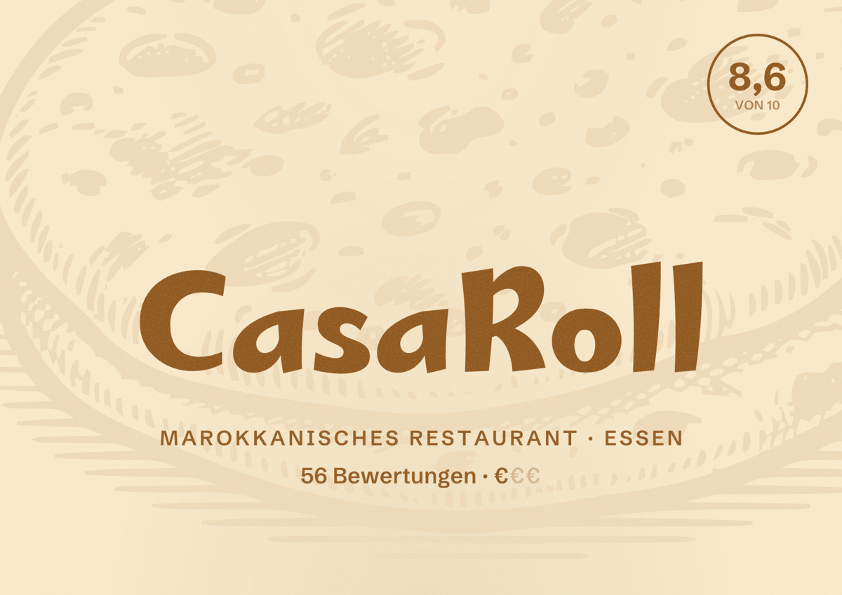 Illustriertes Poster von CasaRoll, Marokkanisches Restaurant in Essen: Bewertung 8,6 von 10 aus 56 Bewertungen, Preisniveau €