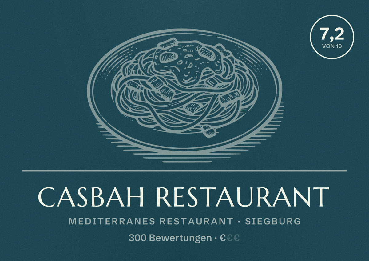 Illustriertes Poster von Casbah Restaurant, Mediterranes Restaurant in Siegburg: Bewertung 7,2 von 10 aus 300 Bewertungen, Preisniveau €