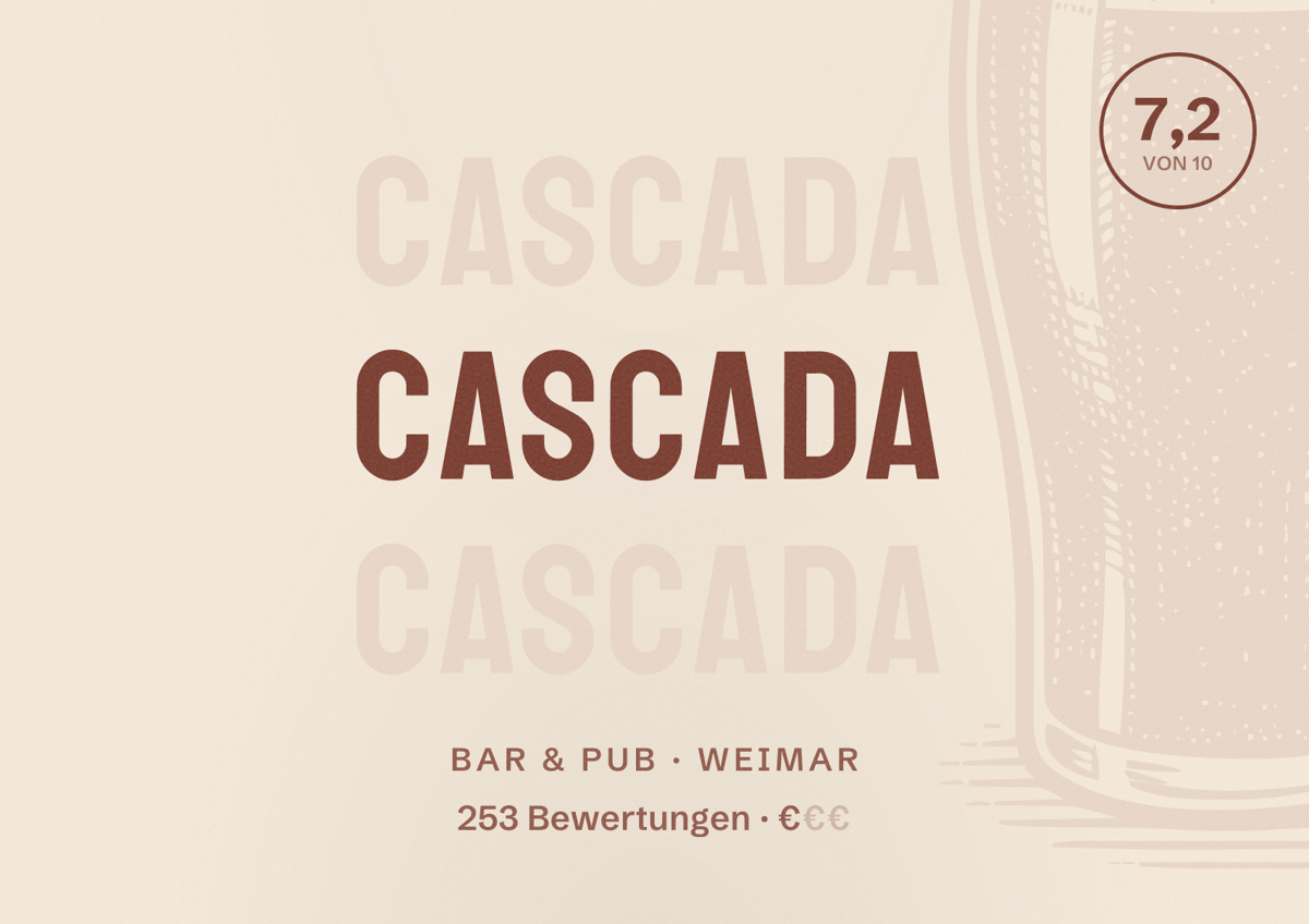 Illustriertes Poster von Cascada, Bar & Pub in Weimar: Bewertung 7,2 von 10 aus 253 Bewertungen, Preisniveau €