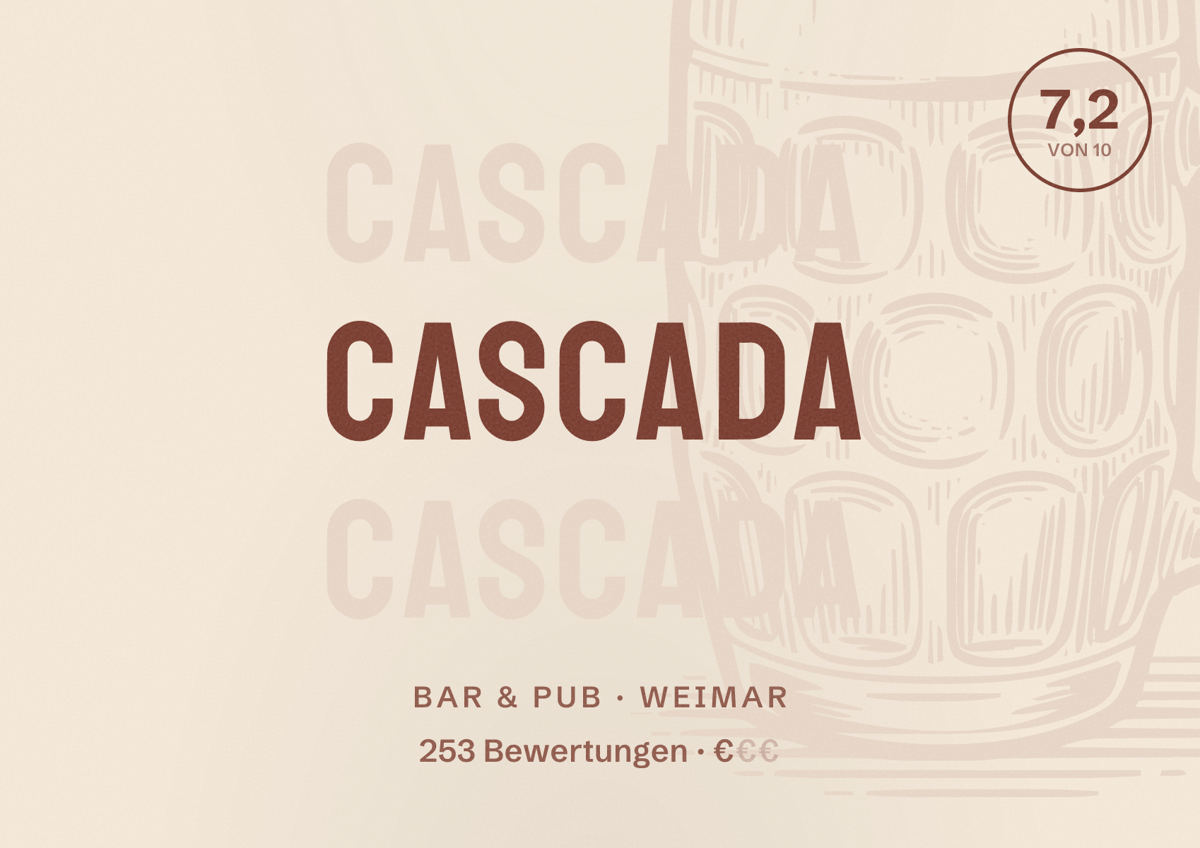 Illustriertes Poster von Cascada, Bar & Pub in Weimar: Bewertung 7,2 von 10 aus 253 Bewertungen, Preisniveau €