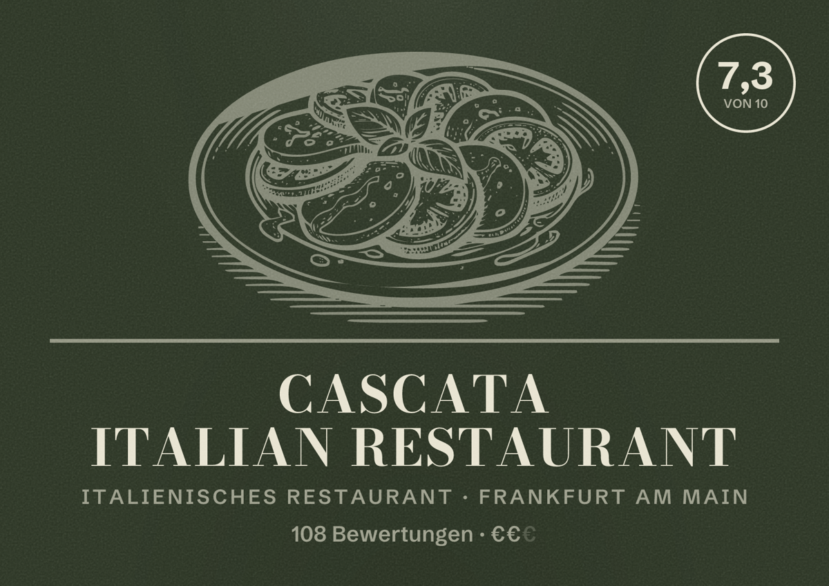 Illustriertes Poster von Cascata Italian restaurant, Italienisches Restaurant in Frankfurt am Main: Bewertung 7,3 von 10 aus 108 Bewertungen, Preisniveau €€