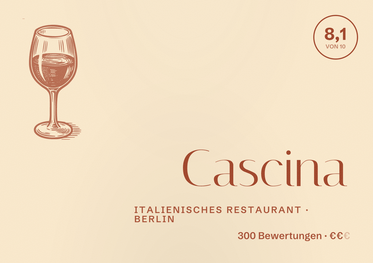 Illustriertes Poster von Cascina, Italienisches Restaurant in Berlin: Bewertung 8,1 von 10 aus 300 Bewertungen, Preisniveau €€