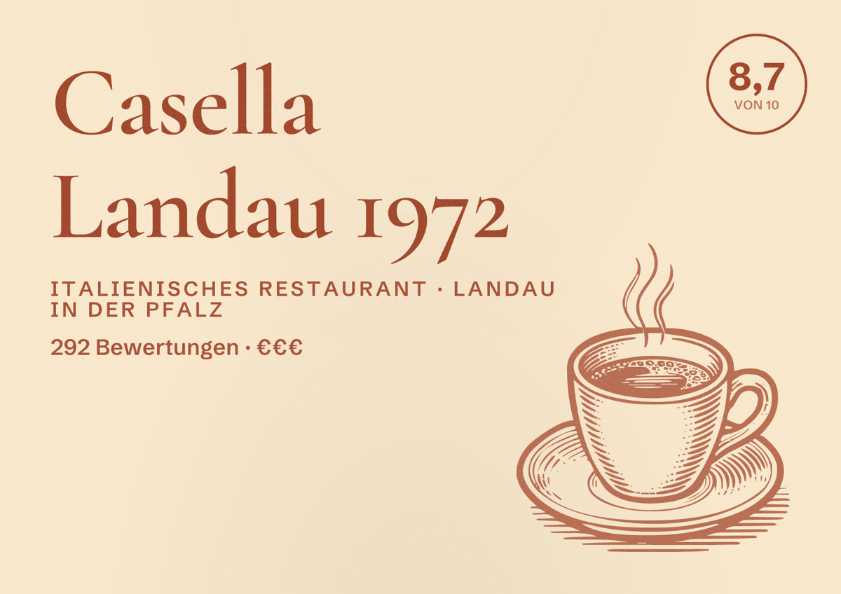Illustriertes Poster von Casella Landau 1972, Italienisches Restaurant in Landau in der Pfalz: Bewertung 8,7 von 10 aus 292 Bewertungen, Preisniveau €€€