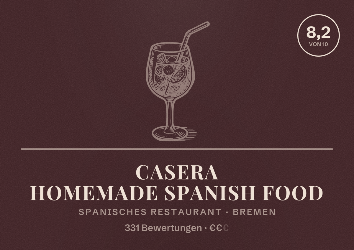 Illustriertes Poster von Casera Homemade Spanish Food, Spanisches Restaurant in Bremen: Bewertung 8,2 von 10 aus 331 Bewertungen, Preisniveau €€