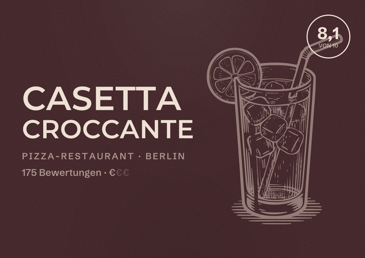 Illustriertes Poster von Casetta Croccante, Pizza-Restaurant in Berlin: Bewertung 8,1 von 10 aus 175 Bewertungen, Preisniveau €