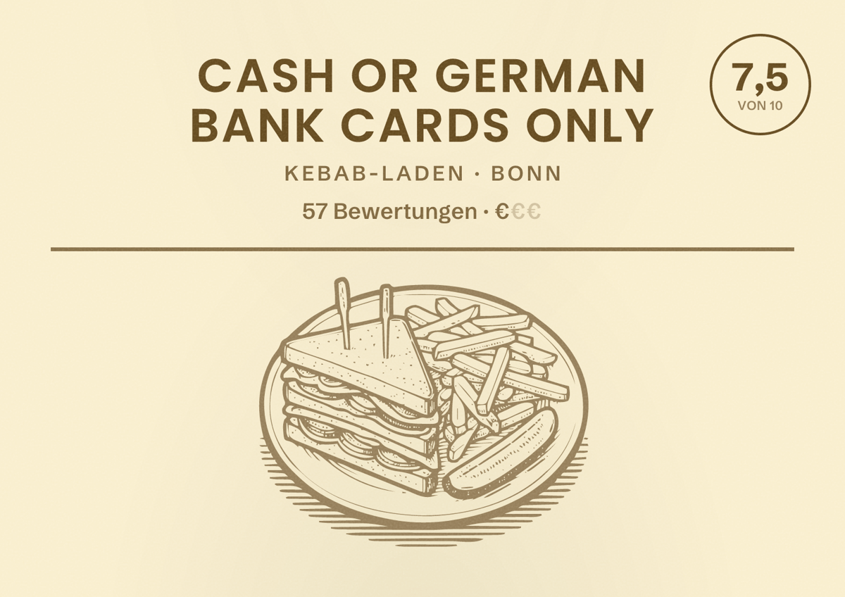 Illustriertes Poster von Cash or German bank cards only, Kebab-Laden in Bonn: Bewertung 7,5 von 10 aus 57 Bewertungen, Preisniveau €