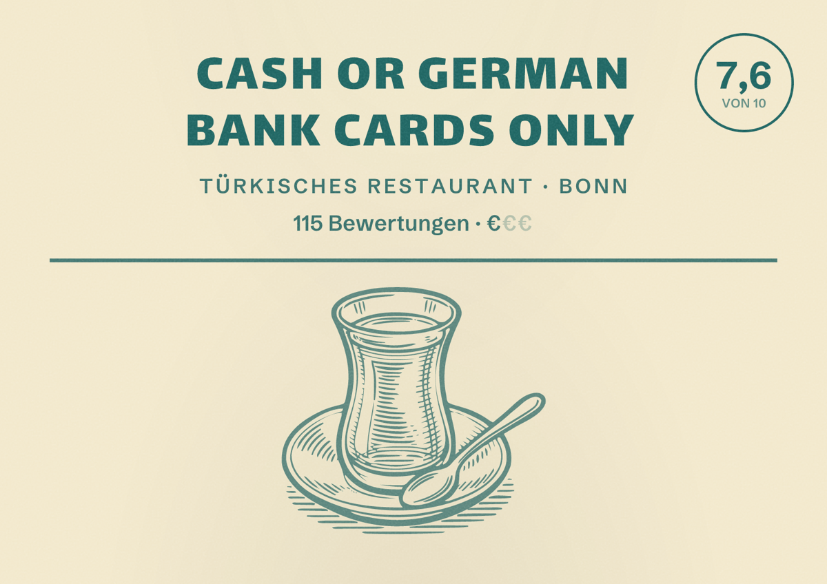 Illustriertes Poster von Cash or German bank cards only, Türkisches Restaurant in Bonn: Bewertung 7,6 von 10 aus 115 Bewertungen, Preisniveau €