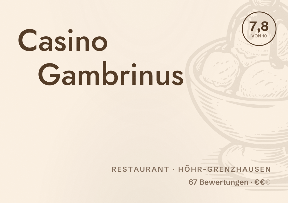 Illustriertes Poster von Casino Gambrinus, Restaurant in Höhr-Grenzhausen: Bewertung 7,8 von 10 aus 67 Bewertungen, Preisniveau €€