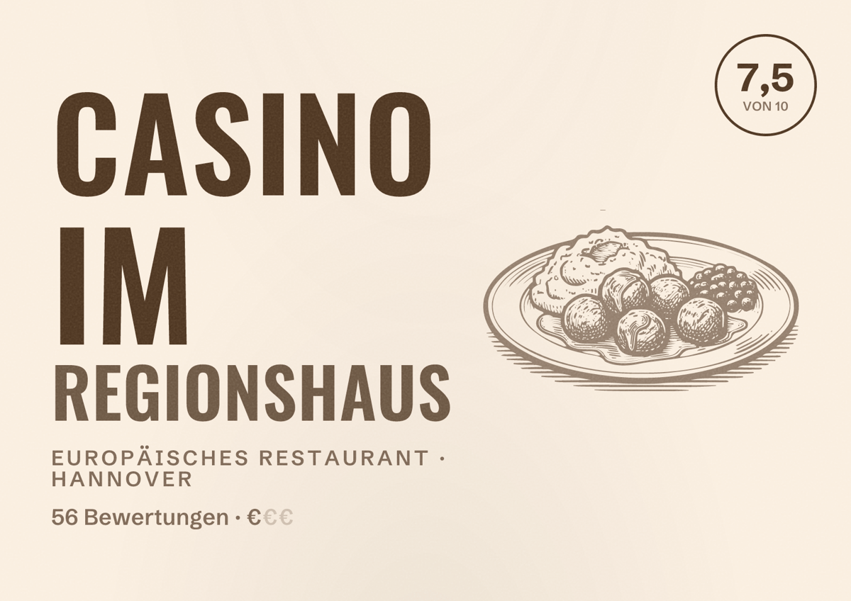 Illustriertes Poster von Casino im Regionshaus, Europäisches Restaurant in Hannover: Bewertung 7,5 von 10 aus 56 Bewertungen, Preisniveau €