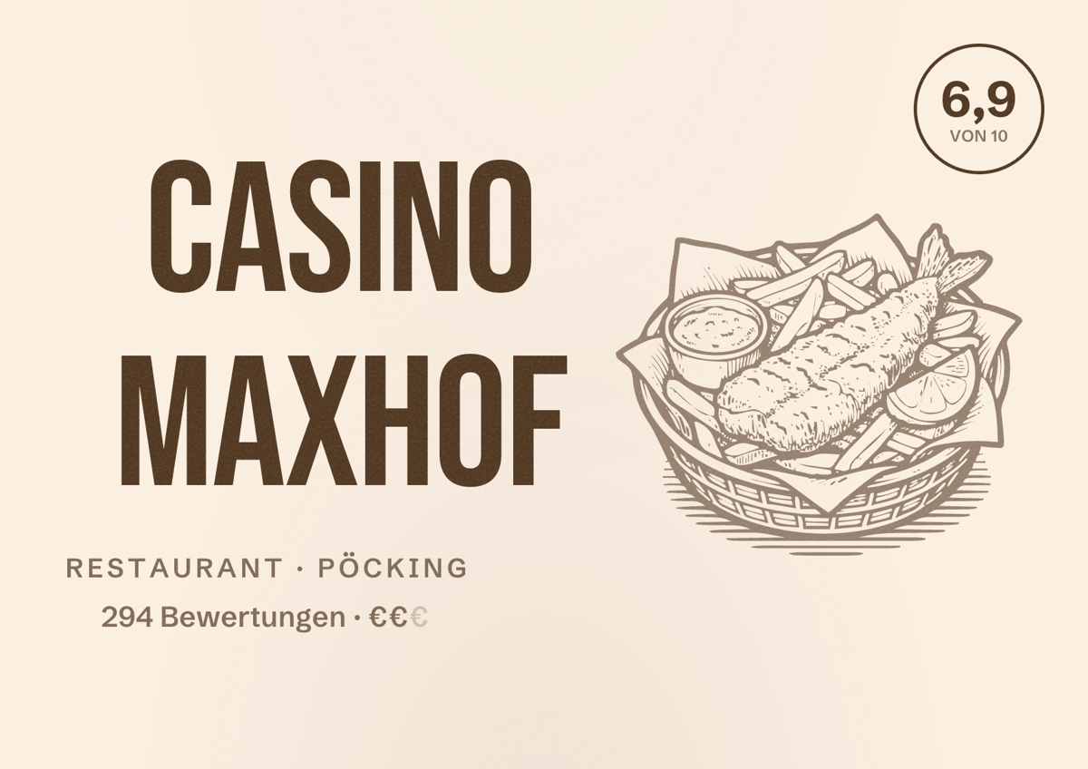 Illustriertes Poster von Casino Maxhof, Restaurant in Pöcking: Bewertung 6,9 von 10 aus 294 Bewertungen, Preisniveau €€