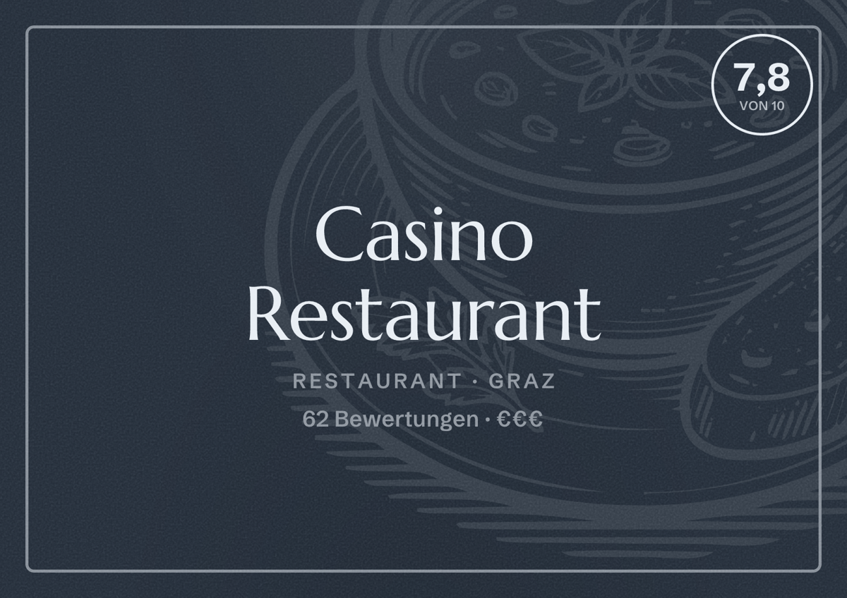 Illustriertes Poster von Casino Restaurant, Restaurant in Graz: Bewertung 7,8 von 10 aus 62 Bewertungen, Preisniveau €€€