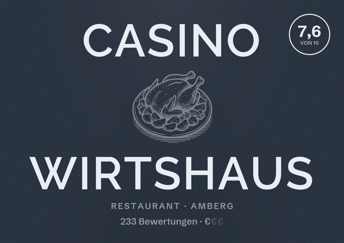 Illustriertes Poster von Casino Wirtshaus, Restaurant in Amberg: Bewertung 7,6 von 10 aus 233 Bewertungen, Preisniveau €