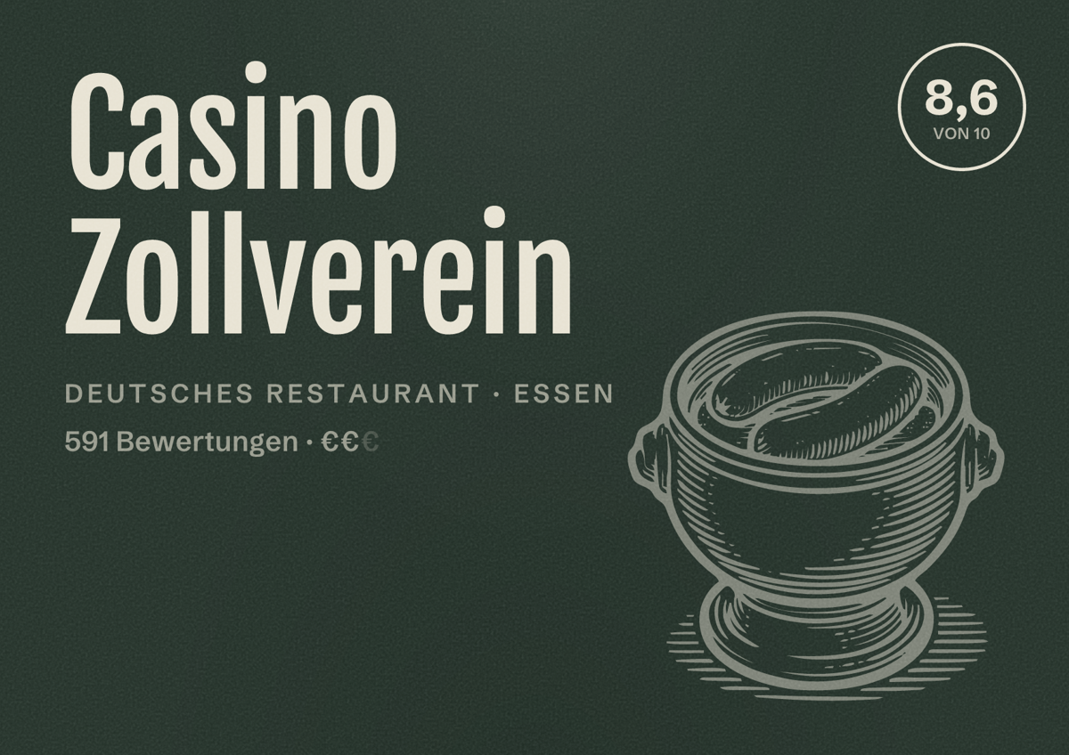 Illustriertes Poster von Casino Zollverein, Deutsches Restaurant in Essen: Bewertung 8,6 von 10 aus 591 Bewertungen, Preisniveau €€