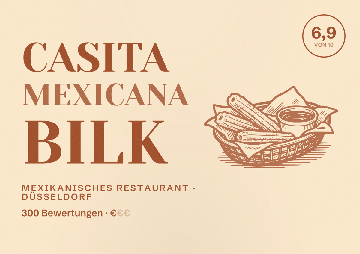 Illustriertes Poster von Casita Mexicana Bilk, Mexikanisches Restaurant in Düsseldorf: Bewertung 6,9 von 10 aus 300 Bewertungen, Preisniveau €