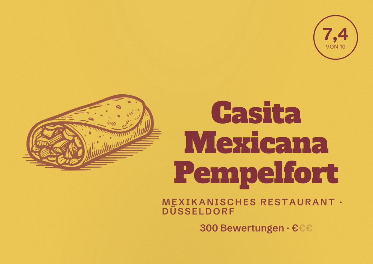 Illustriertes Poster von Casita Mexicana Pempelfort, Mexikanisches Restaurant in Düsseldorf: Bewertung 7,4 von 10 aus 300 Bewertungen, Preisniveau €