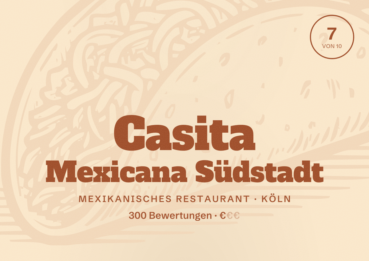Illustriertes Poster von Casita Mexicana Südstadt, Mexikanisches Restaurant in Köln: Bewertung 7,0 von 10 aus 300 Bewertungen, Preisniveau €