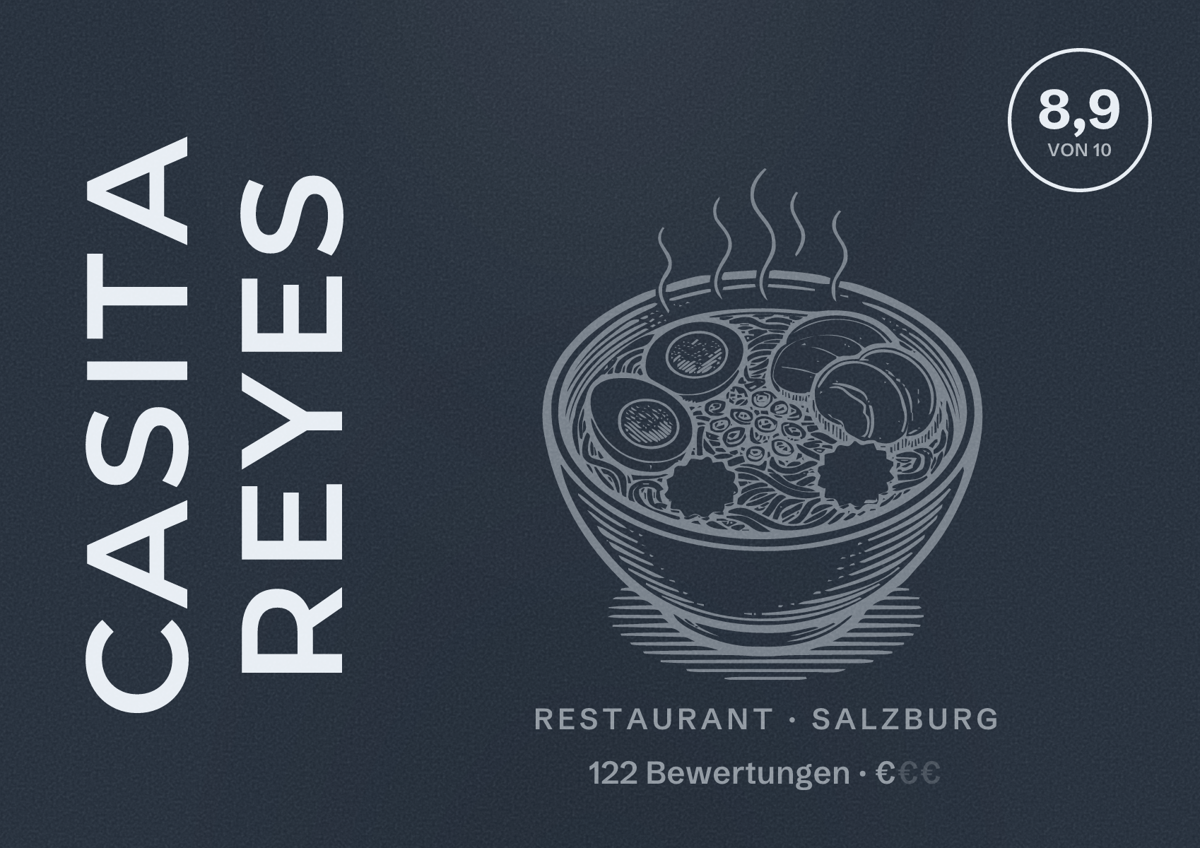 Illustriertes Poster von Casita Reyes, Restaurant in Salzburg: Bewertung 8,9 von 10 aus 122 Bewertungen, Preisniveau €
