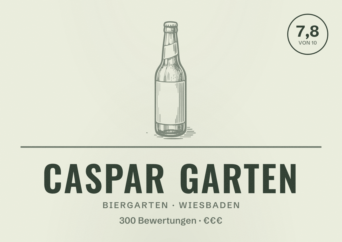 Illustriertes Poster von Caspar Garten, Biergarten in Wiesbaden: Bewertung 7,8 von 10 aus 300 Bewertungen, Preisniveau €€€