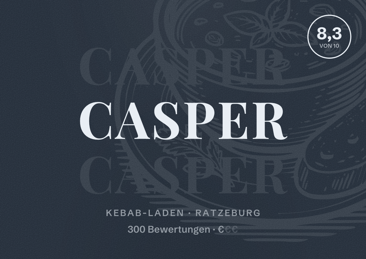 Illustriertes Poster von Casper, Kebab-Laden in Ratzeburg: Bewertung 8,3 von 10 aus 300 Bewertungen, Preisniveau €