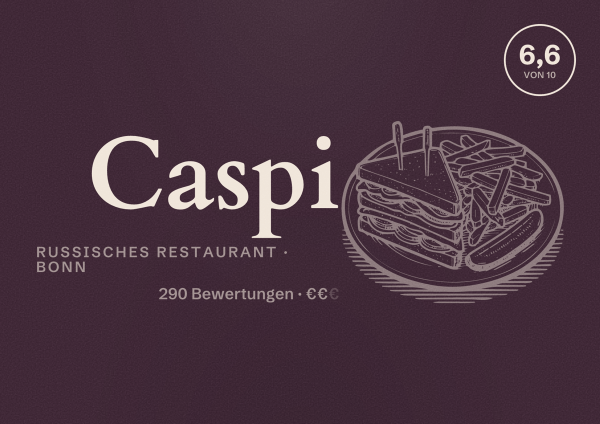 Illustriertes Poster von Caspi, Russisches Restaurant in Bonn: Bewertung 6,6 von 10 aus 290 Bewertungen, Preisniveau €€