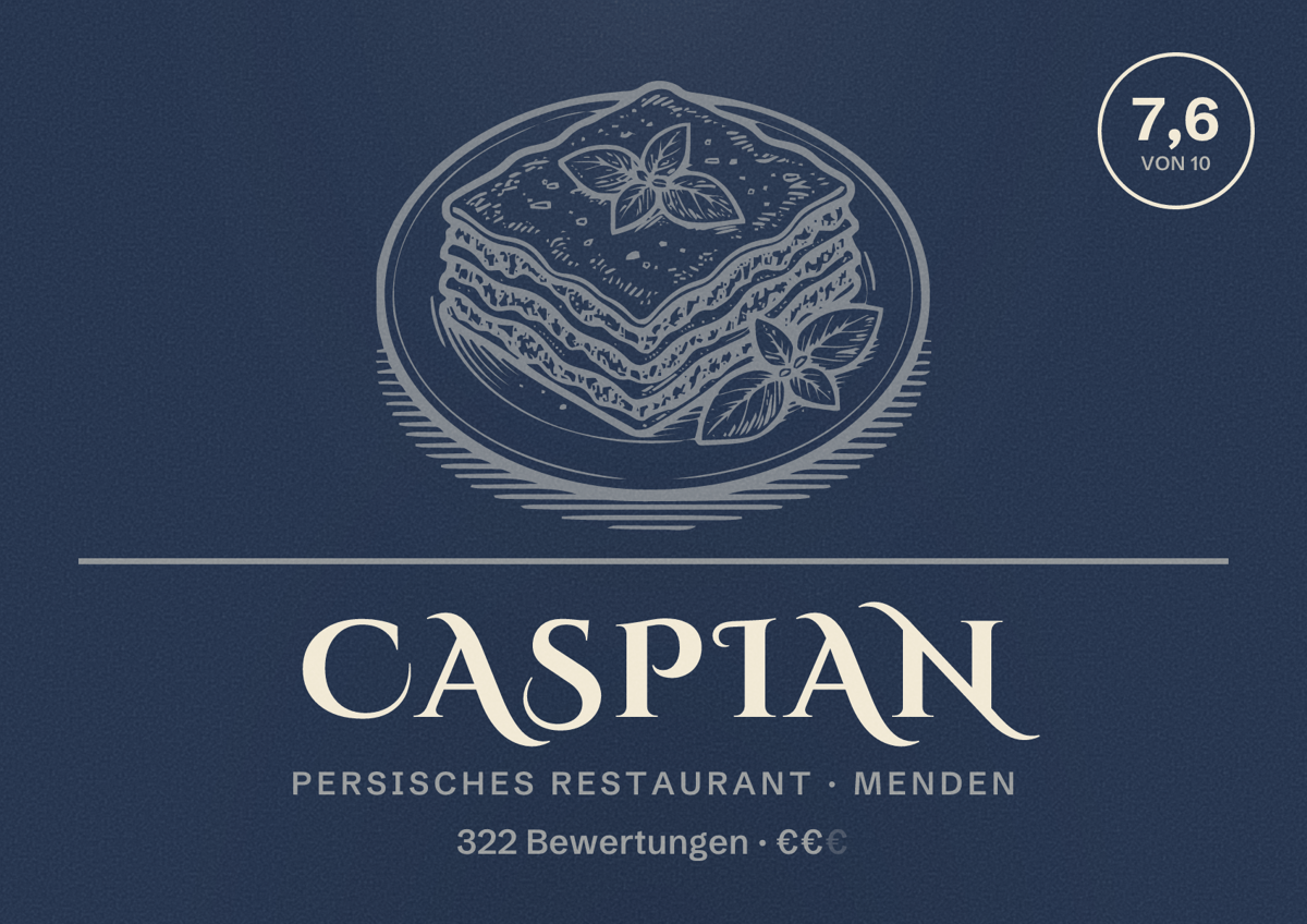 Illustriertes Poster von Caspian, Persisches Restaurant in Menden: Bewertung 7,6 von 10 aus 322 Bewertungen, Preisniveau €€