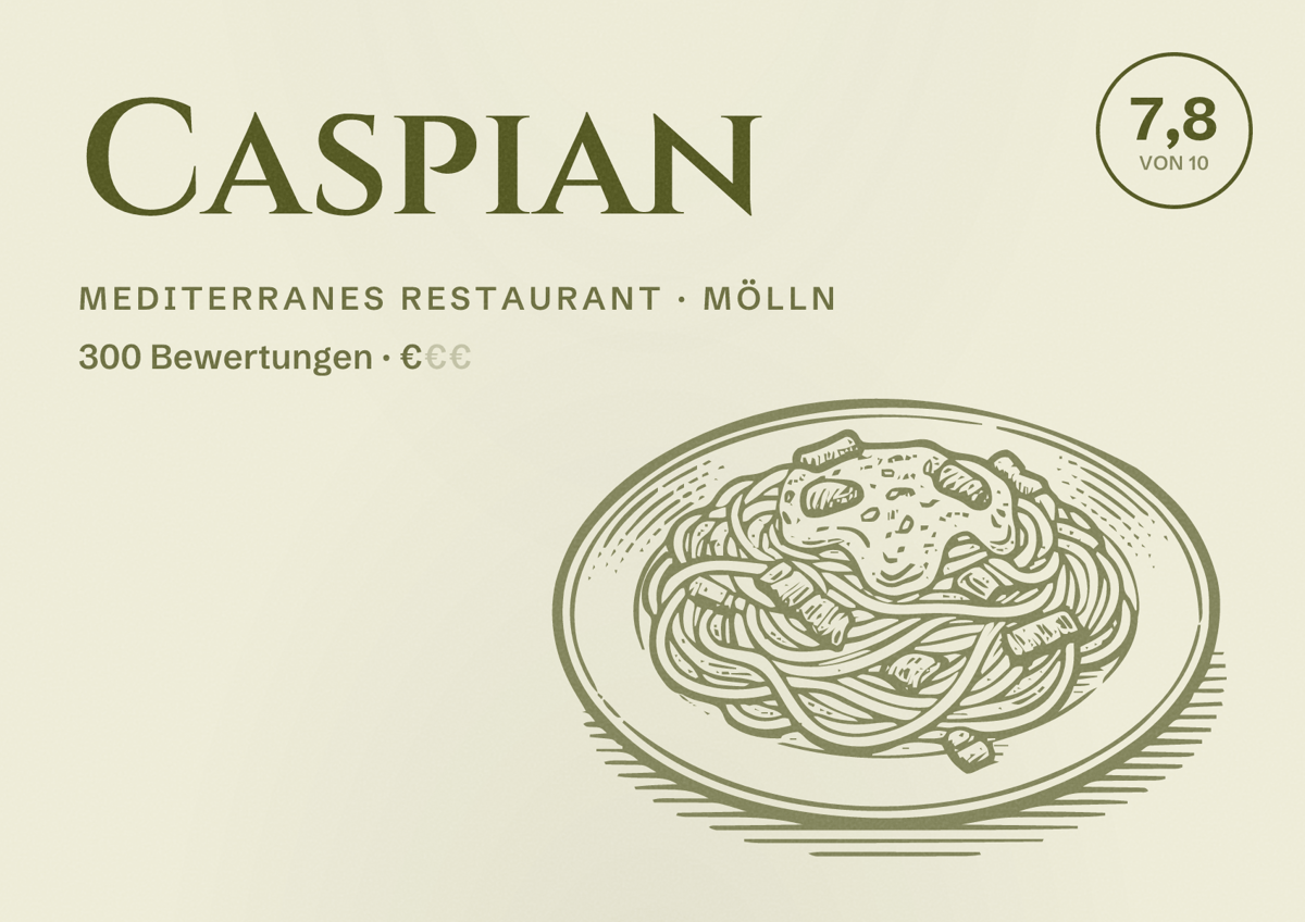Illustriertes Poster von Caspian, Mediterranes Restaurant in Mölln: Bewertung 7,8 von 10 aus 300 Bewertungen, Preisniveau €