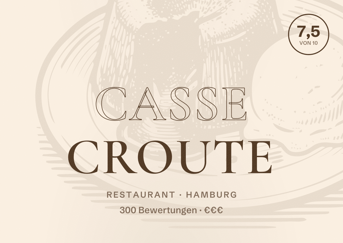 Illustriertes Poster von Casse Croute, Restaurant in Hamburg: Bewertung 7,5 von 10 aus 300 Bewertungen, Preisniveau €€€