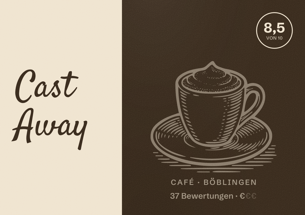 Illustriertes Poster von Cast Away, Café in Böblingen: Bewertung 8,5 von 10 aus 37 Bewertungen, Preisniveau €