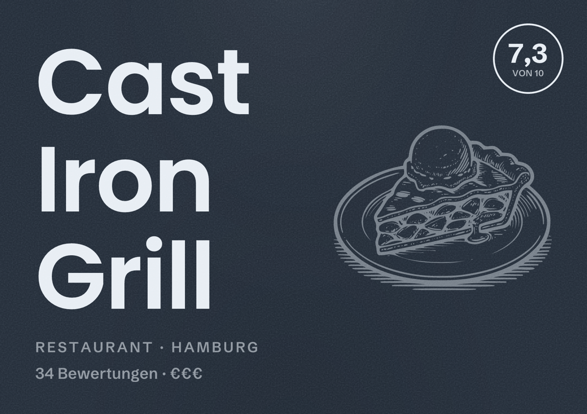 Illustriertes Poster von Cast Iron Grill, Restaurant in Hamburg: Bewertung 7,3 von 10 aus 34 Bewertungen, Preisniveau €€€