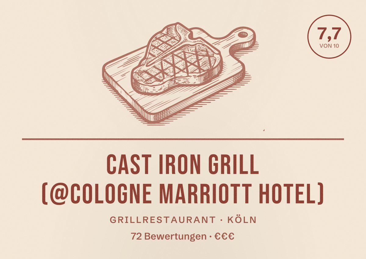 Illustriertes Poster von CAST IRON Grill (@Cologne Marriott Hotel), Grillrestaurant in Köln: Bewertung 7,7 von 10 aus 72 Bewertungen, Preisniveau €€€