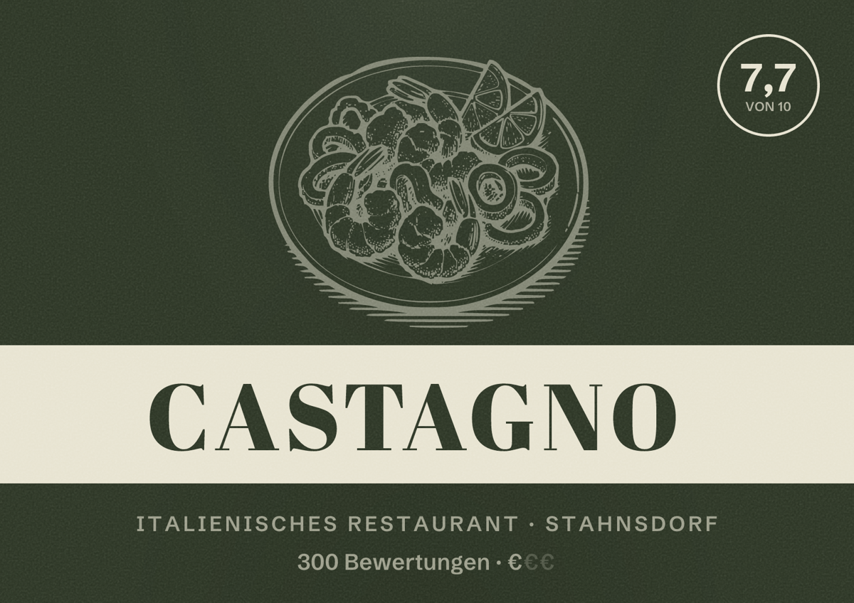 Illustriertes Poster von Castagno, Italienisches Restaurant in Stahnsdorf: Bewertung 7,7 von 10 aus 300 Bewertungen, Preisniveau €