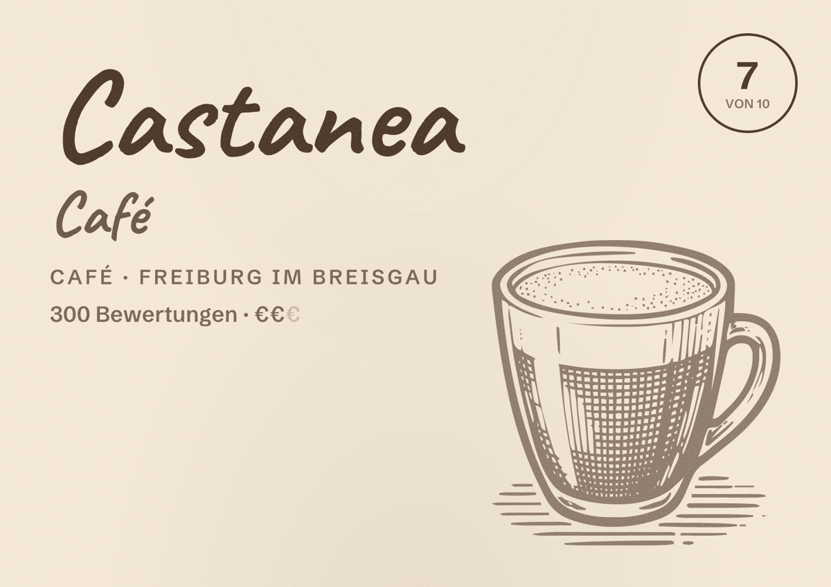 Illustriertes Poster von Castanea Café, Café in Freiburg im Breisgau: Bewertung 7 von 10 aus 300 Bewertungen, Preisniveau €€