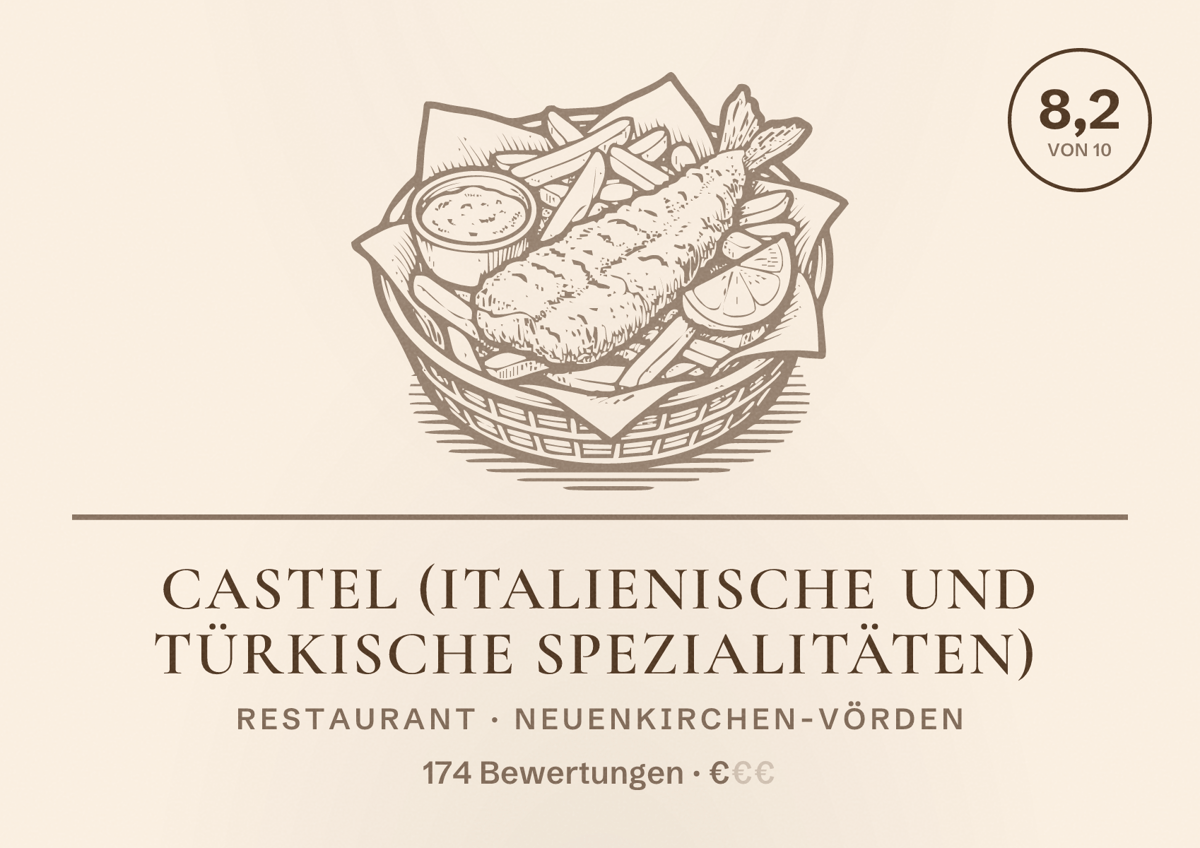 Illustriertes Poster von Castel (Italienische und Türkische Spezialitäten), Restaurant in Neuenkirchen-Vörden: Bewertung 8,2 von 10 aus 174 Bewertungen, Preisniveau €