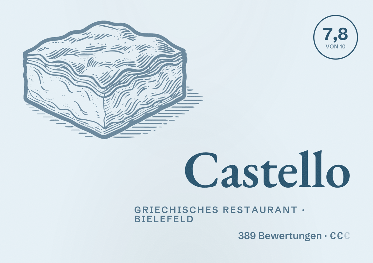Illustriertes Poster von Castello, Griechisches Restaurant in Bielefeld: Bewertung 7,8 von 10 aus 389 Bewertungen, Preisniveau €€
