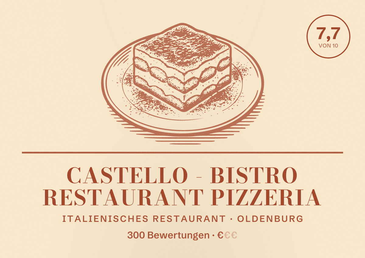 Illustriertes Poster von Castello - Bistro Restaurant Pizzeria, Italienisches Restaurant in Oldenburg: Bewertung 7,7 von 10 aus 300 Bewertungen, Preisniveau €