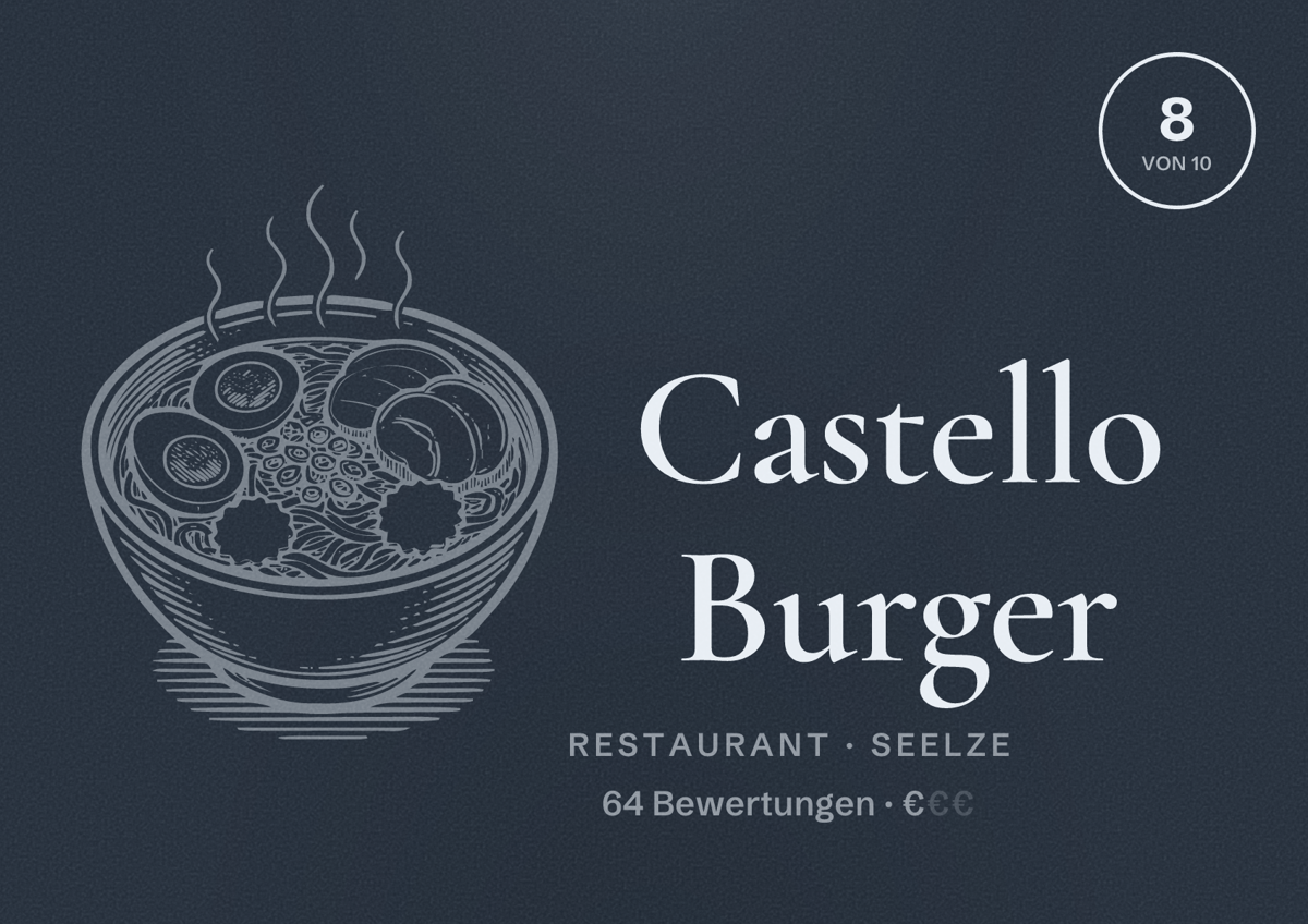 Illustriertes Poster von Castello Burger, Restaurant in Seelze: Bewertung 8 von 10 aus 64 Bewertungen, Preisniveau €