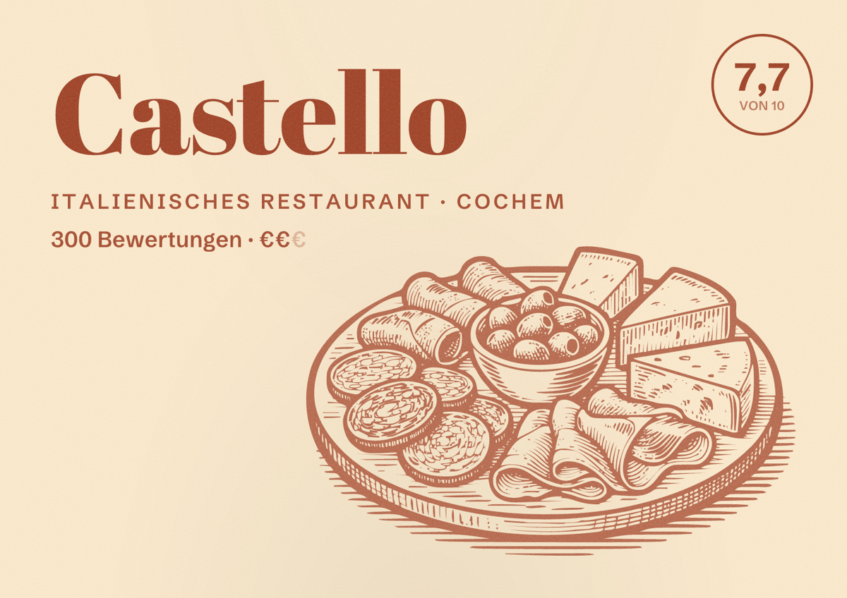 Illustriertes Poster von Castello, Italienisches Restaurant in Cochem: Bewertung 7,7 von 10 aus 300 Bewertungen, Preisniveau €€
