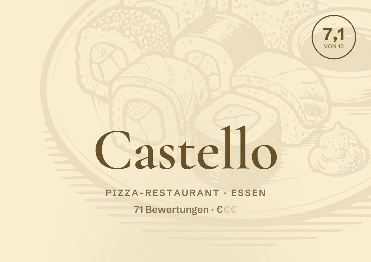 Illustriertes Poster von Castello, Pizza-Restaurant in Essen: Bewertung 7,1 von 10 aus 71 Bewertungen, Preisniveau €