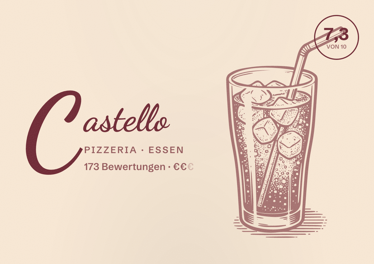 Illustriertes Poster von Castello, Pizzeria in Essen: Bewertung 7,3 von 10 aus 173 Bewertungen, Preisniveau €€