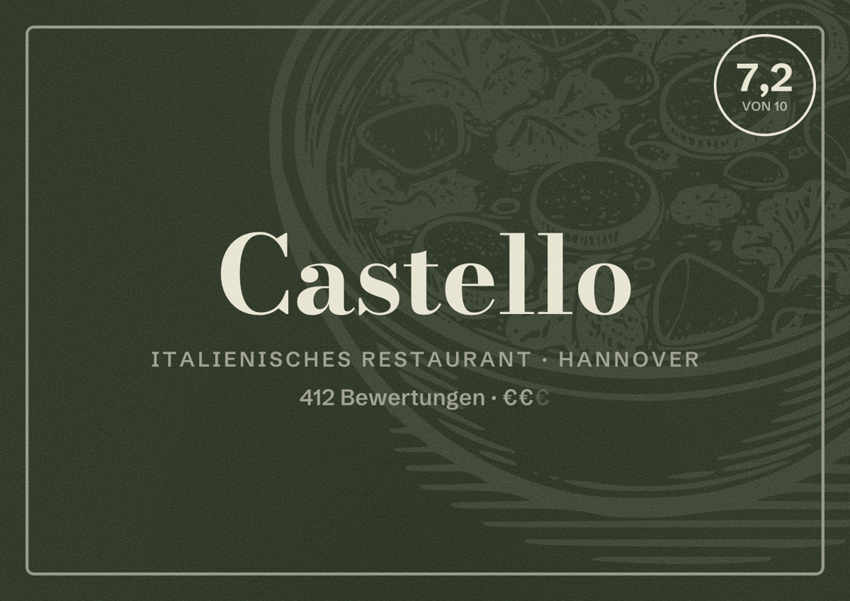 Illustriertes Poster von Castello, Italienisches Restaurant in Hannover: Bewertung 7,2 von 10 aus 412 Bewertungen, Preisniveau €€