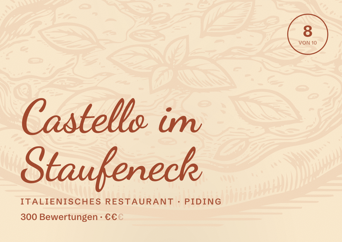 Illustriertes Poster von Castello im Staufeneck, Italienisches Restaurant in Piding: Bewertung 8 von 10 aus 300 Bewertungen, Preisniveau €€